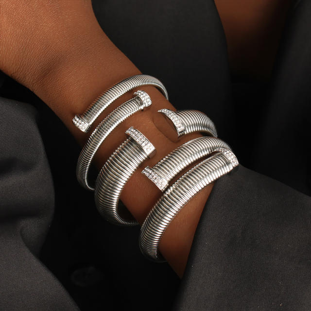 Luxury Shiny Zircon Open Bracelet Earrings Choker Elegant Light Luxury stainless steel jewelry set