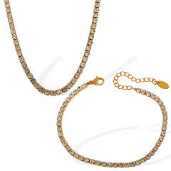 Delicate stainless steel tennis chain necklace bracelet set diamond jewelry for wedding