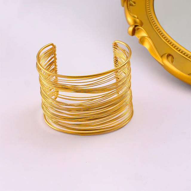 Exaggerated personality wide stainless steel multilayer hollow arm ring open bangle
