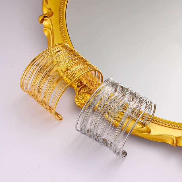 Exaggerated personality wide stainless steel multilayer hollow arm ring open bangle