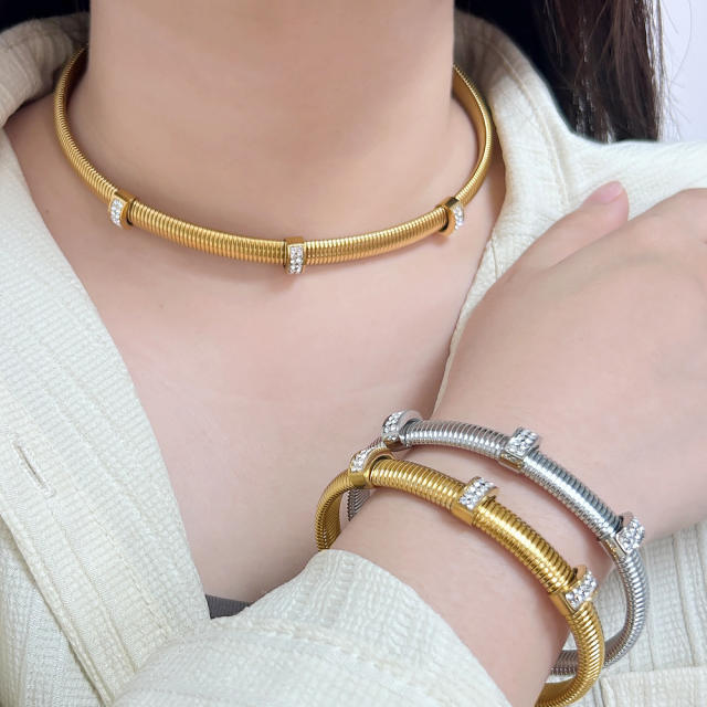 Titanium steel personality suit elastic thread rhinestone bracelet collar set