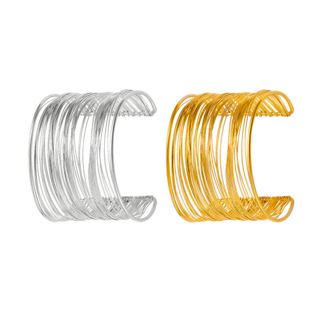 Exaggerated personality wide stainless steel multilayer hollow arm ring open bangle