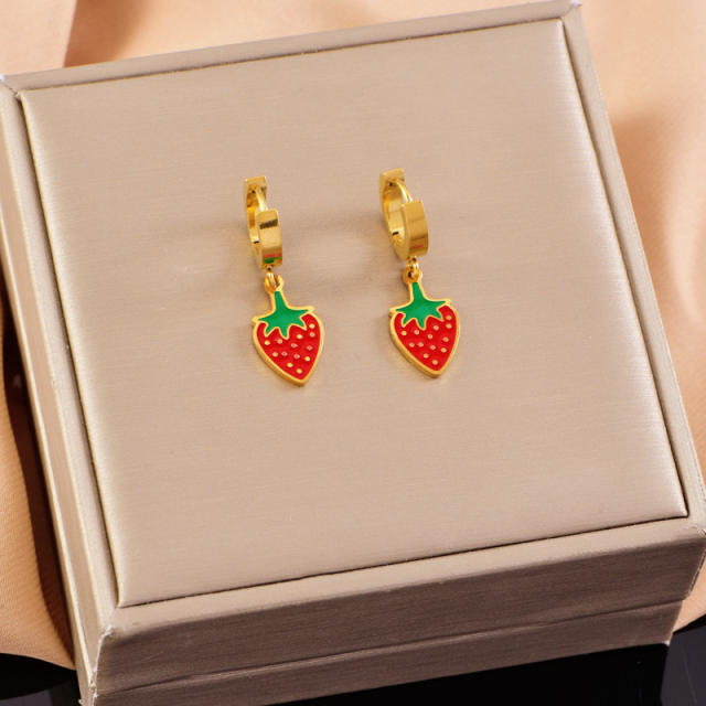 Sweet enamel strawberry charm stainless steel cuban link chain necklace set
