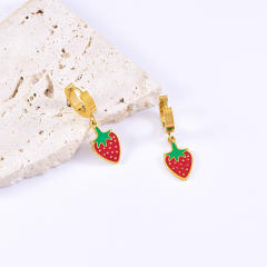 Sweet enamel strawberry charm stainless steel cuban link chain necklace set