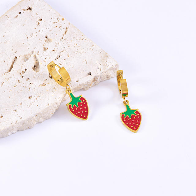 Sweet enamel strawberry charm stainless steel cuban link chain necklace set