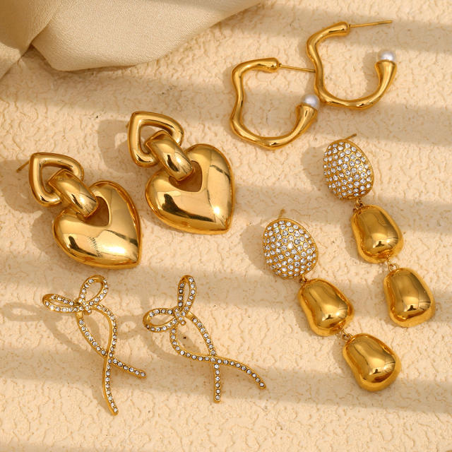 Elegant Simple Bow chunky heart stainless steel dangle Earrings