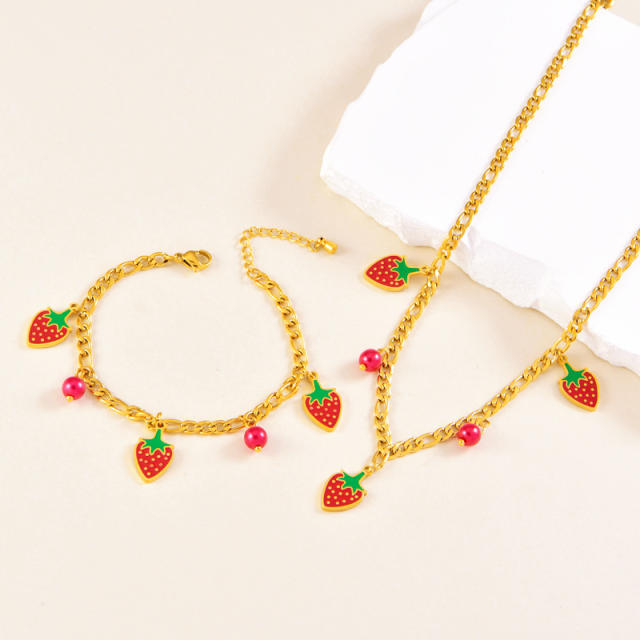 Sweet enamel strawberry charm stainless steel cuban link chain necklace set