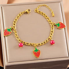 Sweet enamel strawberry charm stainless steel cuban link chain necklace set