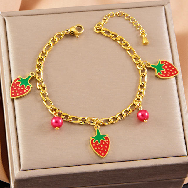 Sweet enamel strawberry charm stainless steel cuban link chain necklace set