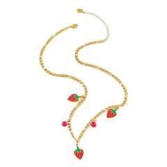 Sweet enamel strawberry charm stainless steel cuban link chain necklace set