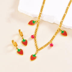 Sweet enamel strawberry charm stainless steel cuban link chain necklace set