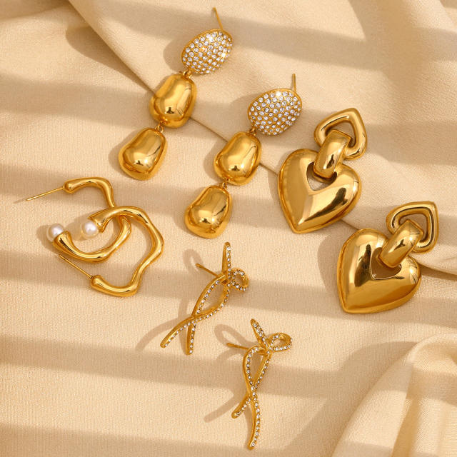 Elegant Simple Bow chunky heart stainless steel dangle Earrings