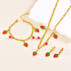 Sweet enamel strawberry charm stainless steel cuban link chain necklace set