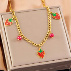 Sweet enamel strawberry charm stainless steel cuban link chain necklace set