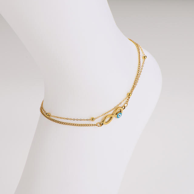 Summer enamel evil eye female Double Layer infintiy stainless steel anklet