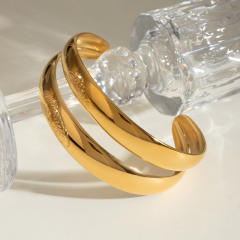 Chunky stainless steel smooth double-layer cuff bracelet