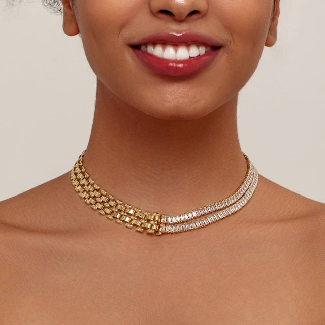 Luxury Diamond Chain Stitching Geometric Collarbone Neck Chain stainless steel necklace choker for women