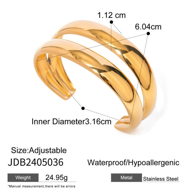Chunky stainless steel smooth double-layer cuff bracelet