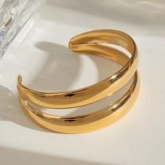 Chunky stainless steel smooth double-layer cuff bracelet