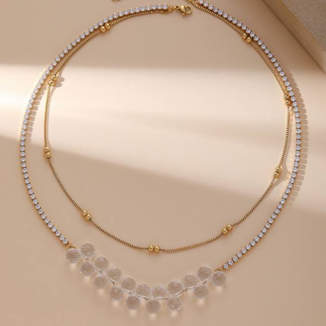 Summer clear ball bead tennis chain two layer stainless steel necklace
