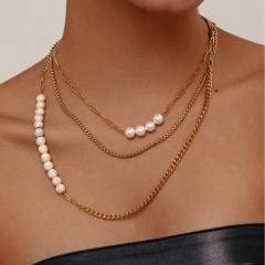 Stainless steel vintage imitation pearl necklace cuban chain layer necklace