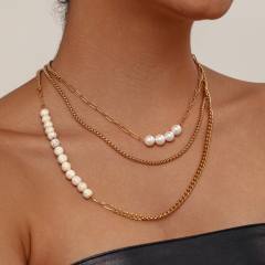 Stainless steel vintage imitation pearl necklace cuban chain layer necklace