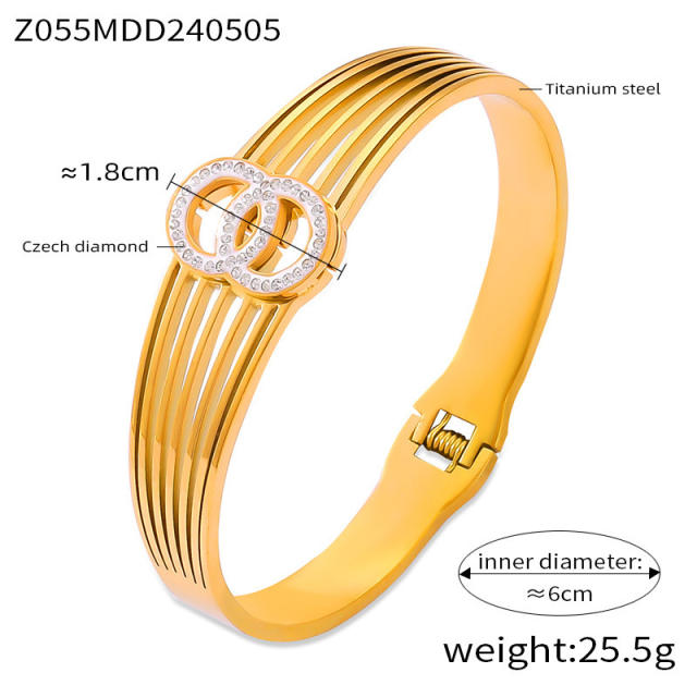 Luxury Elegant diamond statement Geometric Texture Titanium Steel Plated 18K Gold bangle collection