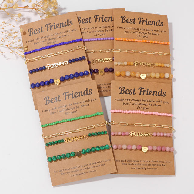 BEST friends Bracelet Stainless Steel Chain Stone Beaded Card Set for Men and Women