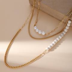 Stainless steel vintage imitation pearl necklace cuban chain layer necklace