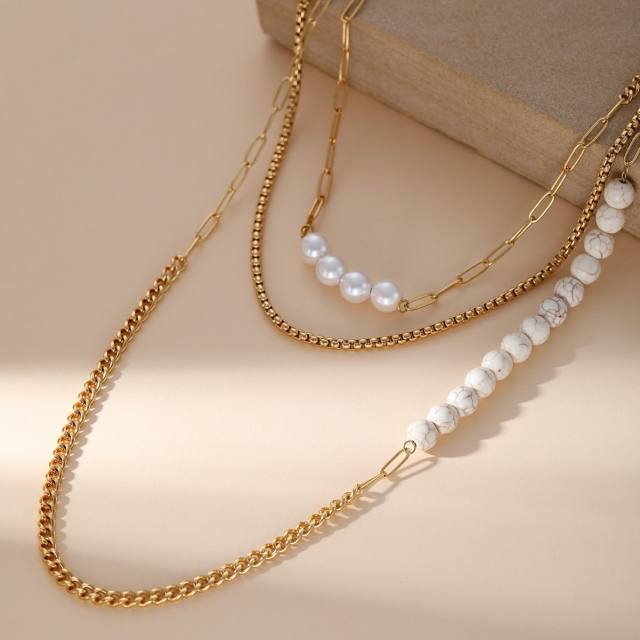 Stainless steel vintage imitation pearl necklace cuban chain layer necklace
