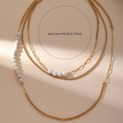 Stainless steel vintage imitation pearl necklace cuban chain layer necklace