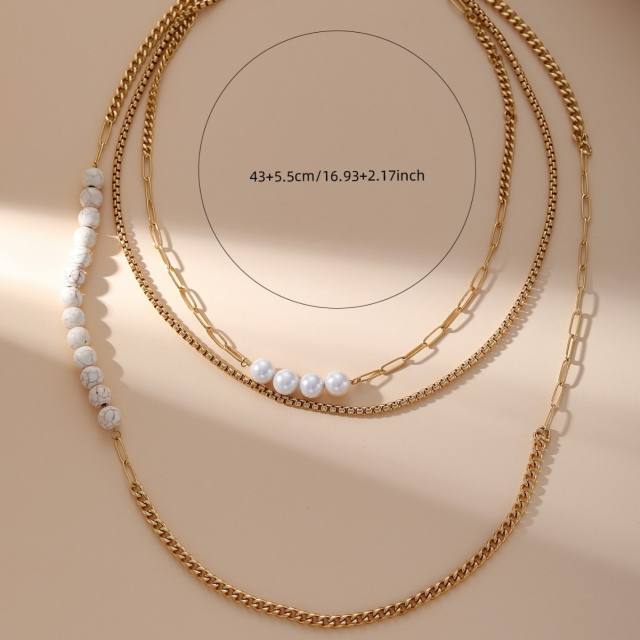 Stainless steel vintage imitation pearl necklace cuban chain layer necklace