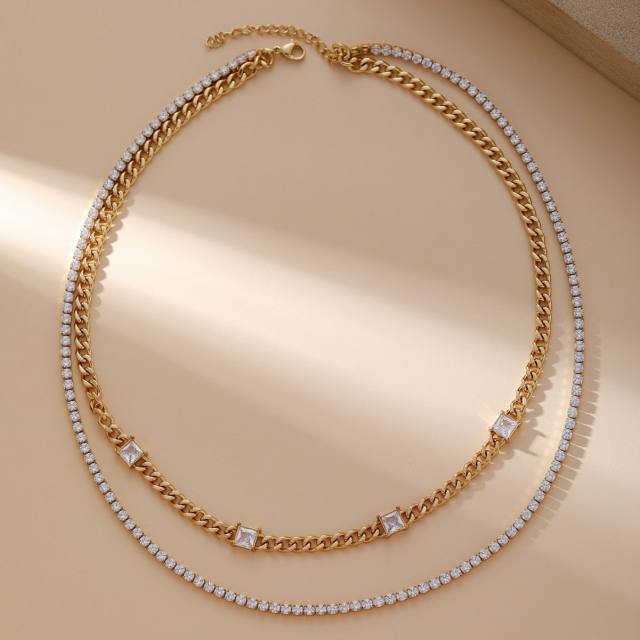 Double layer delicate tennis chain cuban link chain necklace stainless steel necklace