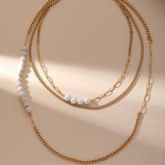 Stainless steel vintage imitation pearl necklace cuban chain layer necklace