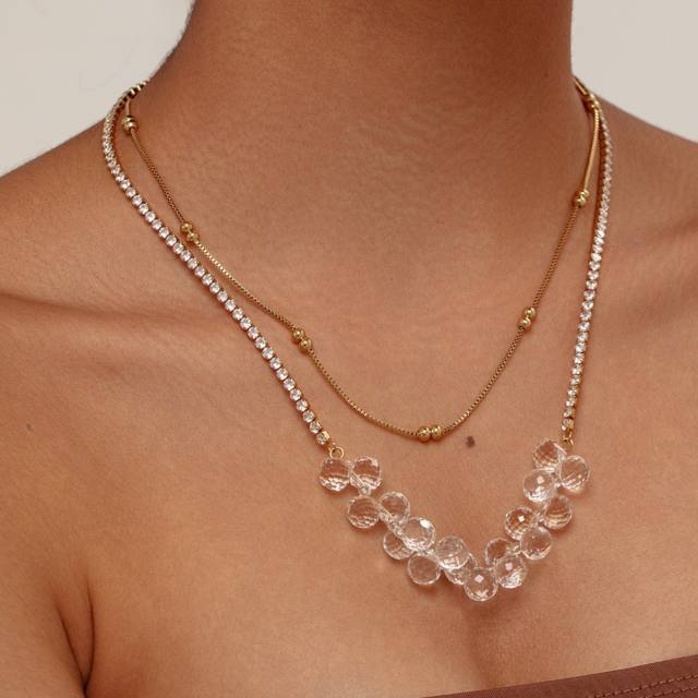 Summer clear ball bead tennis chain two layer stainless steel necklace