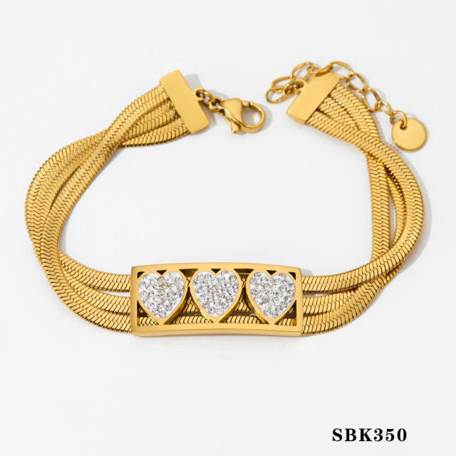 Fashion multi-layer chain stainless steel love heart diamond bracelet