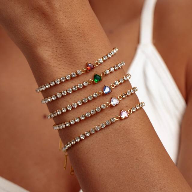 Luxury colorful cubic zircon heart tennis chain bracelet stainless steel bracelet