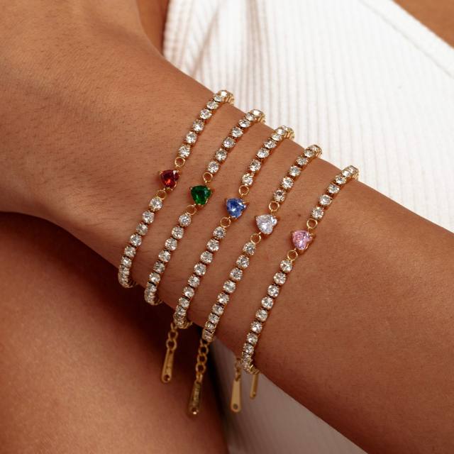 Luxury colorful cubic zircon heart tennis chain bracelet stainless steel bracelet