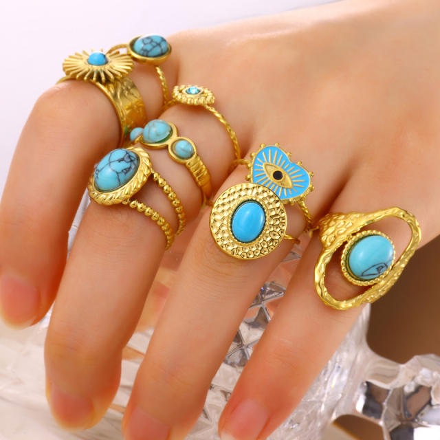 Boho turquoise stone bead statement stainless steel rings collection