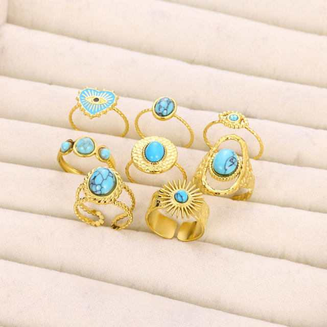 Boho turquoise stone bead statement stainless steel rings collection