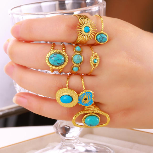 Boho turquoise stone bead statement stainless steel rings collection