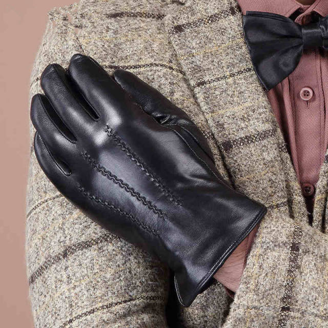 Hot selling autumn winter warm top layer goat leather full palm touch screen men's leather gloves