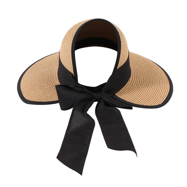 Straw Hat Women's Summer Travel Beach Sunshade Hat Bow Ribbon Foldable Hat