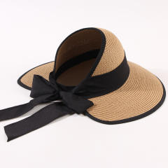 Straw Hat Women's Summer Travel Beach Sunshade Hat Bow Ribbon Foldable Hat