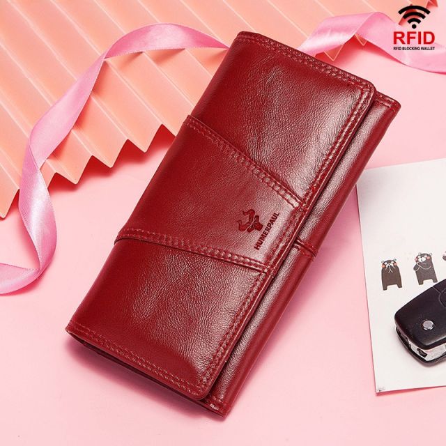 Genuine Leather Women's Wallet Retro Mobile Phone RFID Long Wallet