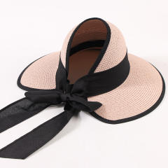 Straw Hat Women's Summer Travel Beach Sunshade Hat Bow Ribbon Foldable Hat