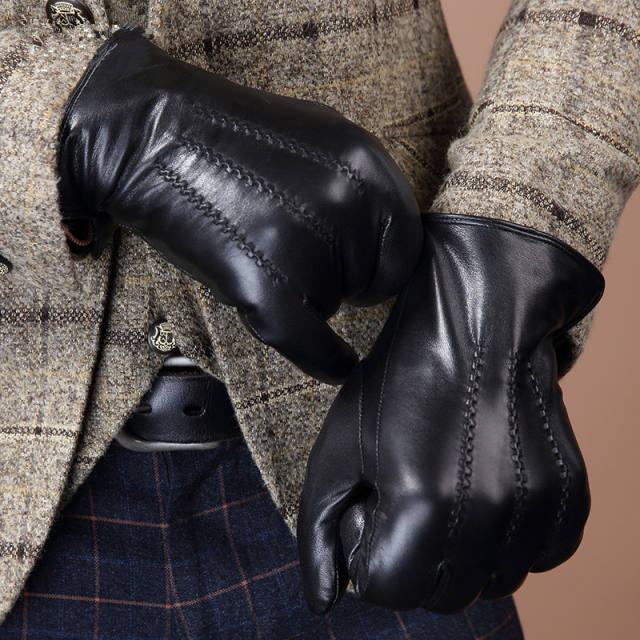 Hot selling autumn winter warm top layer goat leather full palm touch screen men's leather gloves