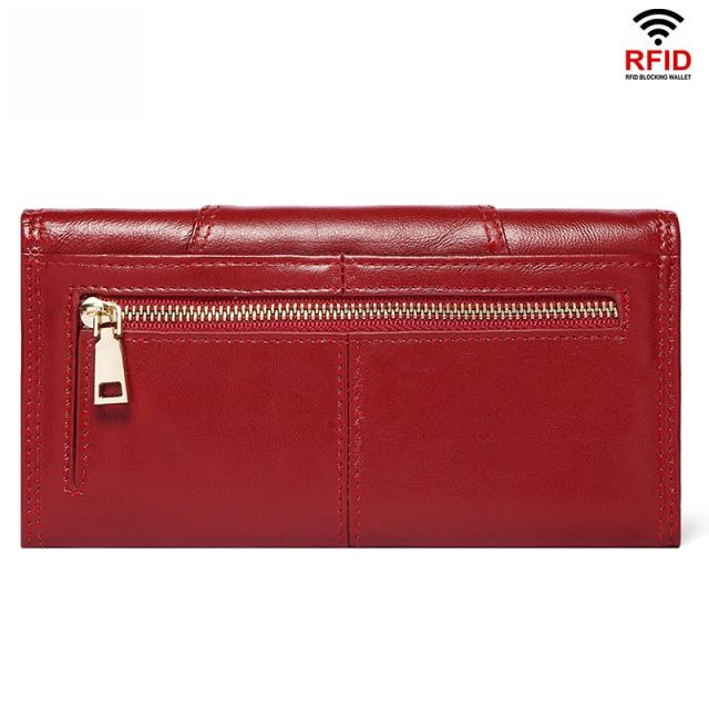 Genuine Leather Women's Wallet Retro Mobile Phone RFID Long Wallet