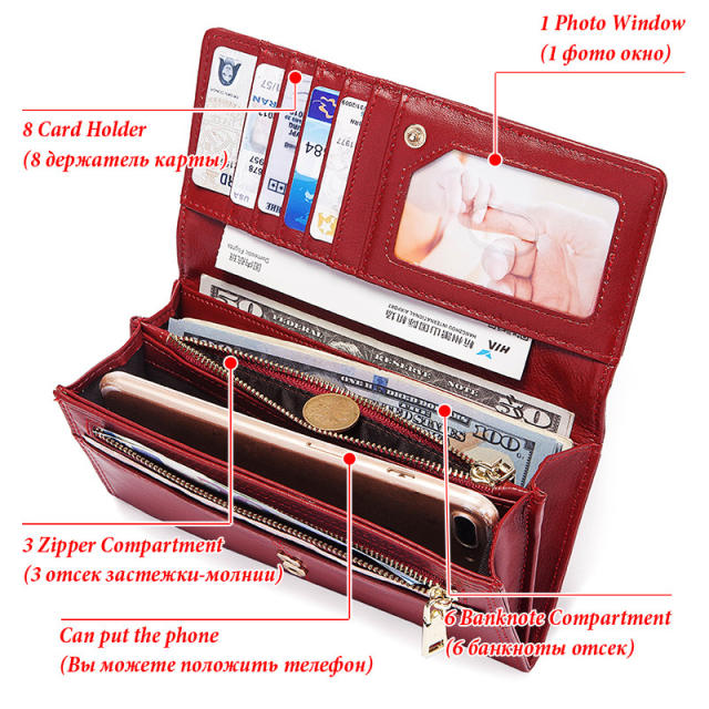 Genuine Leather Women's Wallet Retro Mobile Phone RFID Long Wallet