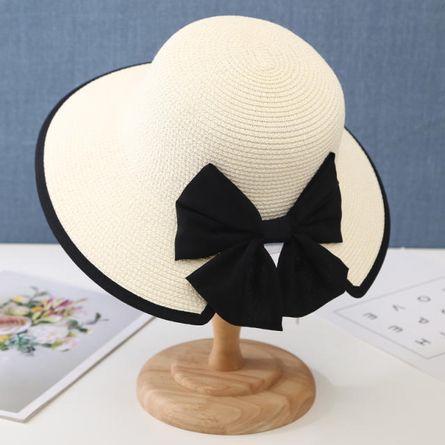 Foldable Large Brim Straw Hat sweet bow sunhat for women
